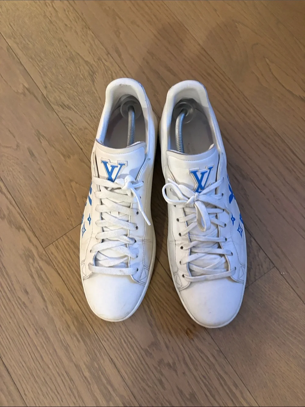 Louis Vuitton White Leather Sneakers with Blue LV Motif